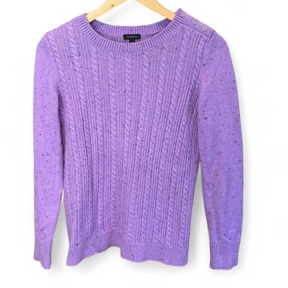 Purple Cable Knit Tweed Crewneck Sweater Cotton Size XS Talbots - Picture 3 of 5